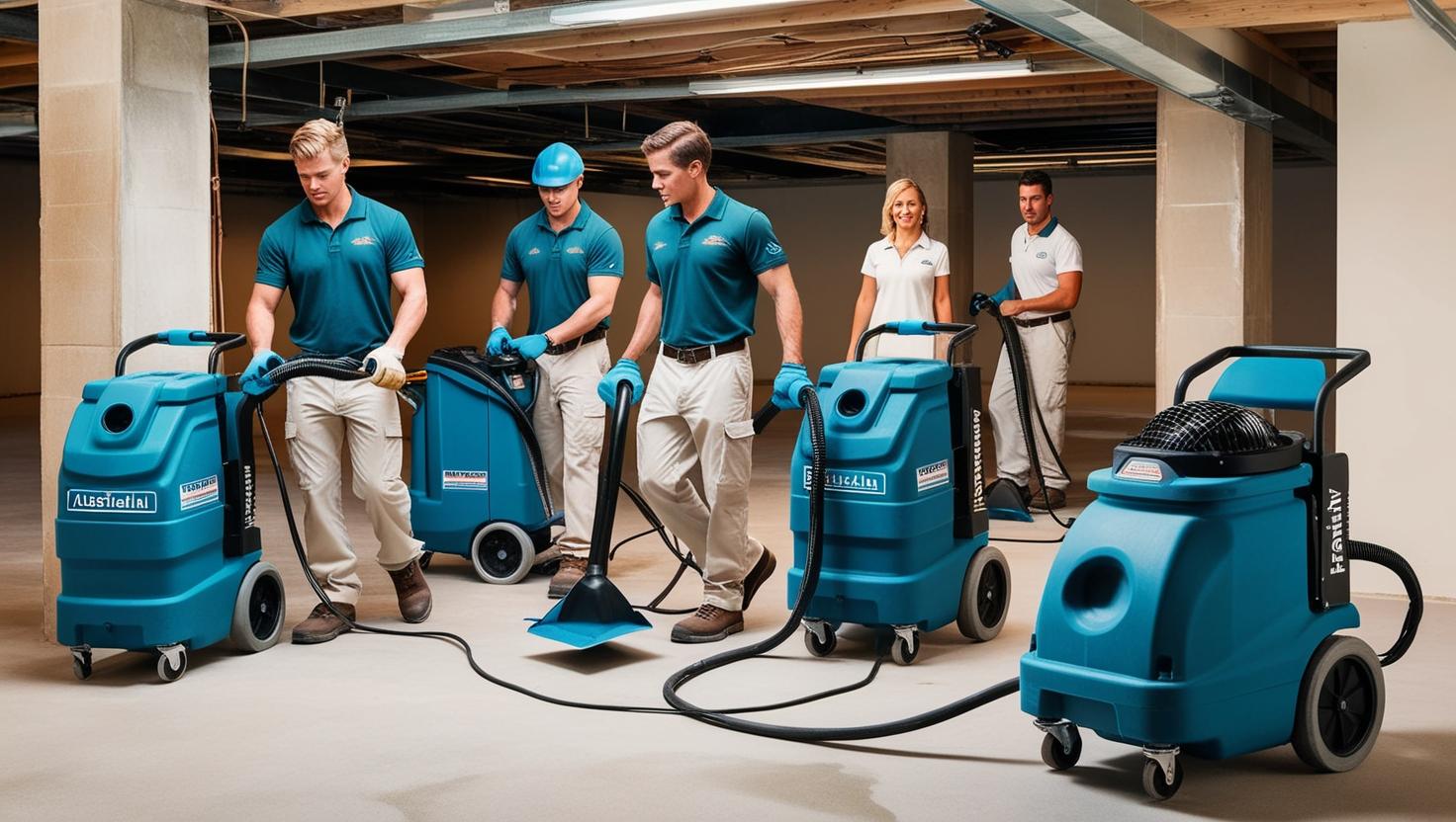 Team operating commercial dehumidifiers in a basement to reduce humidity levels efficiently Team operating commercial dehumidifiers in a basement to reduce humidity levels efficiently